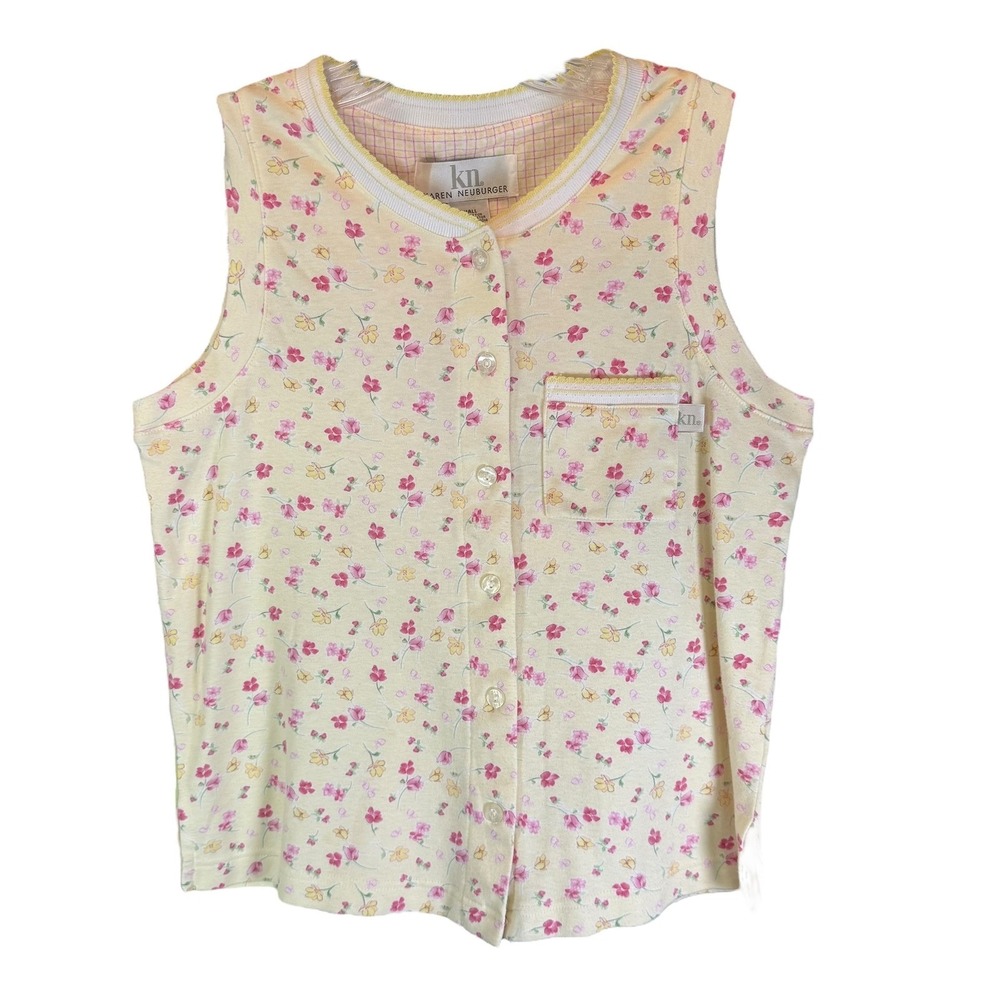 Y2K 90s Women's Size Small Top Yellow Pink Floral Sleeveless Button Front Pocket